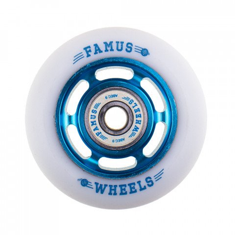 Wheels - Famus 6 Spokes 64mm/88a + ABEC 9 - Blue/White Inline Skate Wheels - Photo 1
