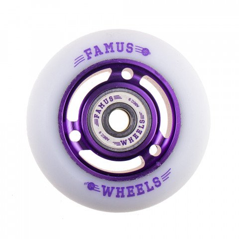 Wheels - Famus 3 Spokes 64mm/88a + ABEC 9 - Purple/White Inline Skate Wheels - Photo 1