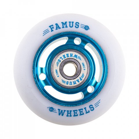 Wheels - Famus 3 Spokes 64mm/92a + Abec 9 - Blue/White (1 pcs.) Inline Skate Wheels - Photo 1