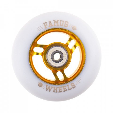 Wheels - Famus 3 Spokes 90mm/86A + ABEC 9 - Gold/White Inline Skate Wheels - Photo 1